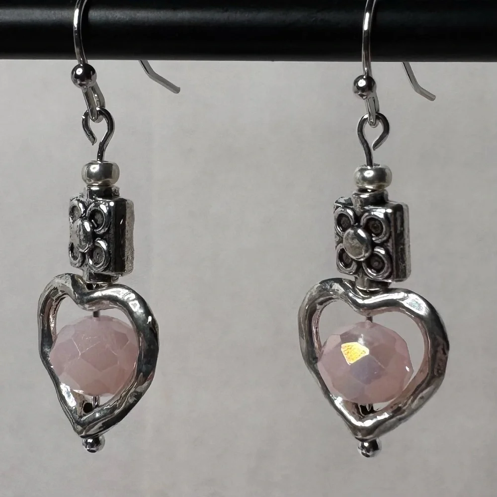 HAND CRAFTED Floral Heart Earrings 1 1/2” Silver Pink NWT